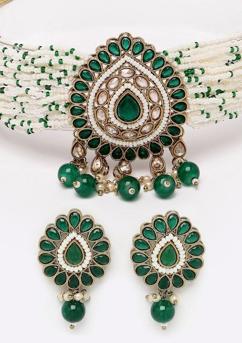 Green Beaded Gold Plated Necklace Set