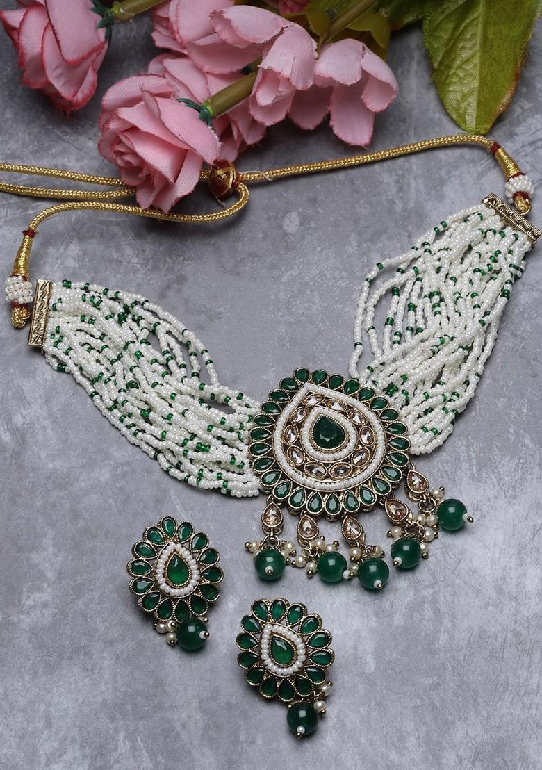 Green Beaded Gold Plated Necklace Set