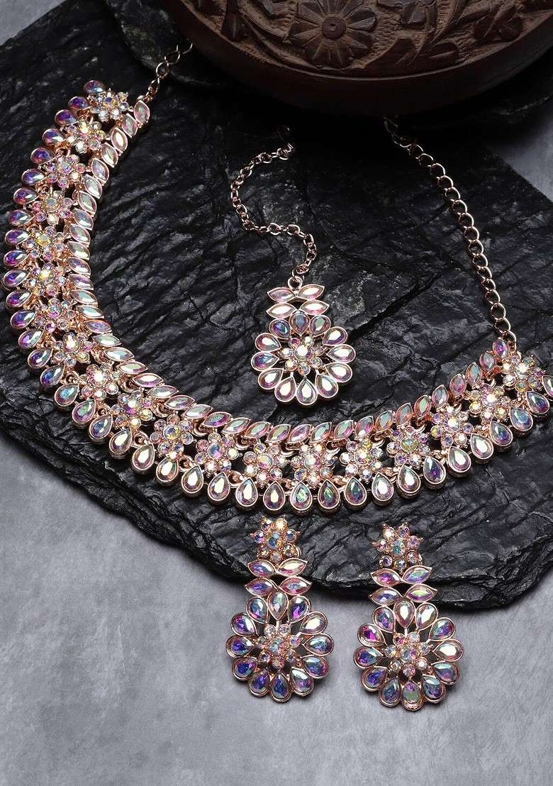 Rose Gold Stone Studded Gold Plated Necklace Set - Indya