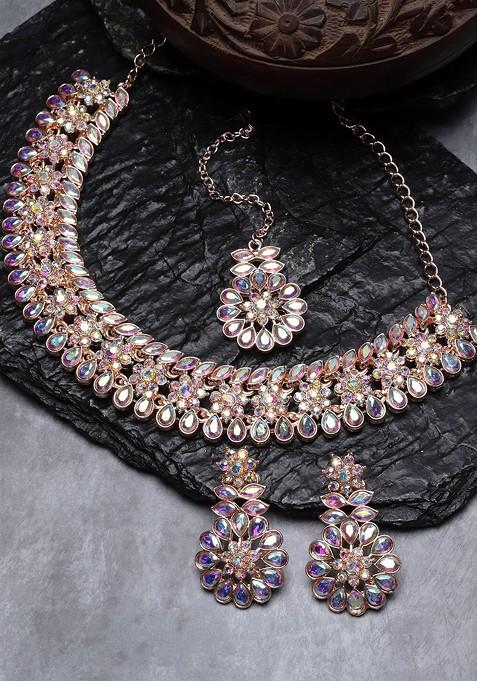 Rose Gold Stone Studded Gold Plated Necklace Set