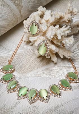 Green Beaded Gold Plated Necklace Set