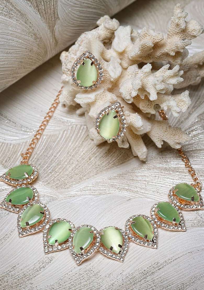 Green Beaded Gold Plated Necklace Set - Indya