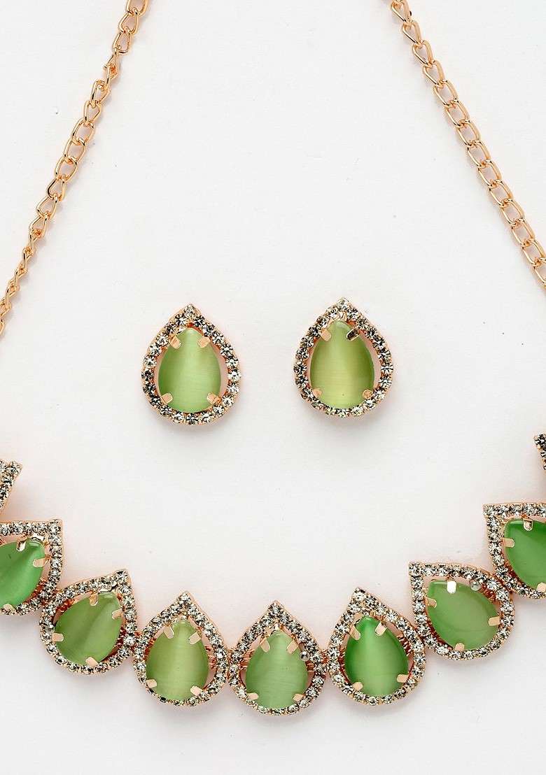 Green Beaded Gold Plated Necklace Set - Indya