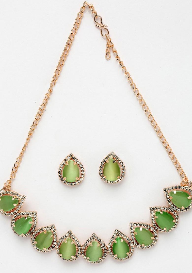 Green Beaded Gold Plated Necklace Set
