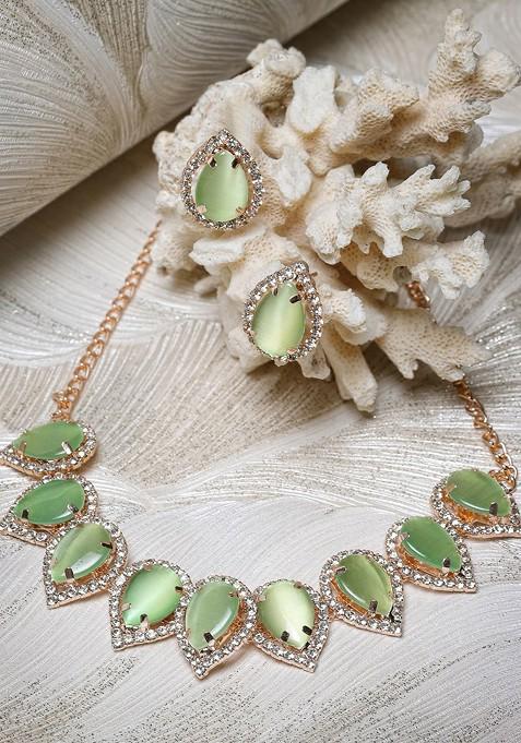 Green Beaded Gold Plated Necklace Set