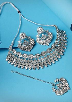 Silver Stone Studded Rhodium Plated Necklace Set
