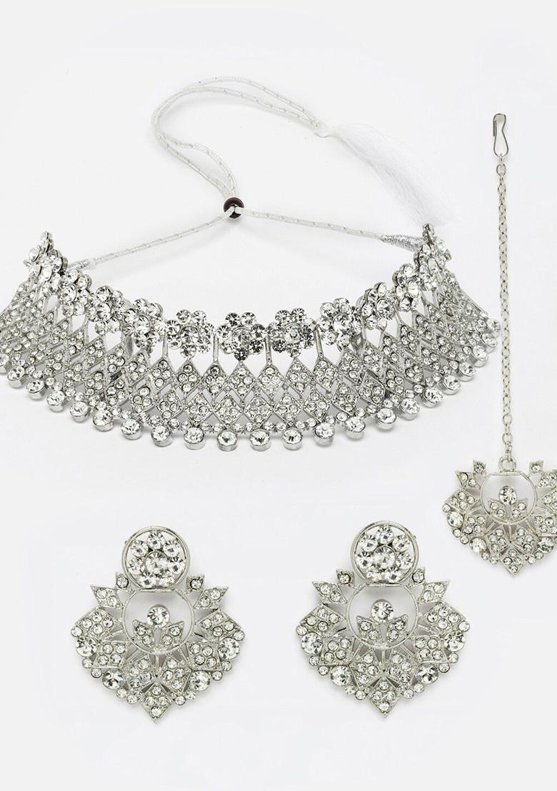Silver Stone Studded Rhodium Plated Necklace Set