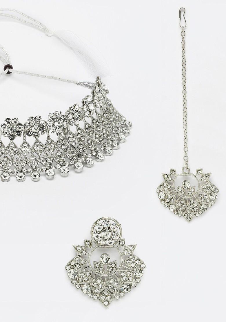 Silver Stone Studded Rhodium Plated Necklace Set