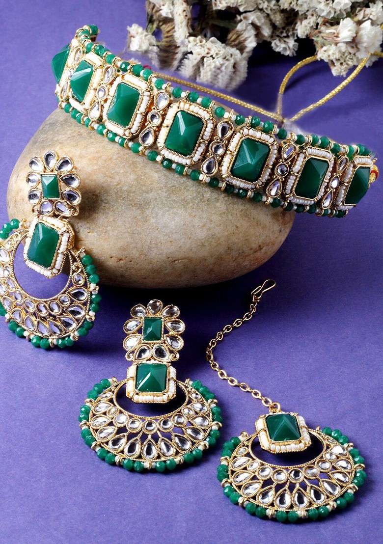 Green Beaded Gold Plated Necklace Set - Indya