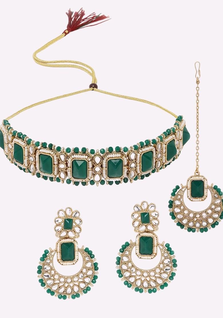 Green Beaded Gold Plated Necklace Set