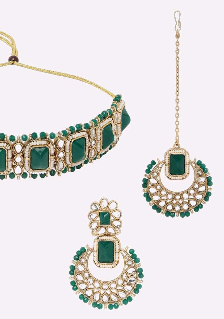 Green Beaded Gold Plated Necklace Set - Indya