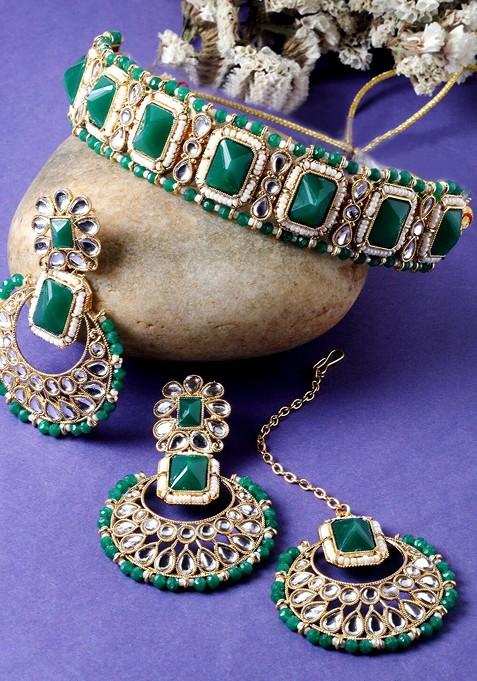Green Beaded Gold Plated Necklace Set