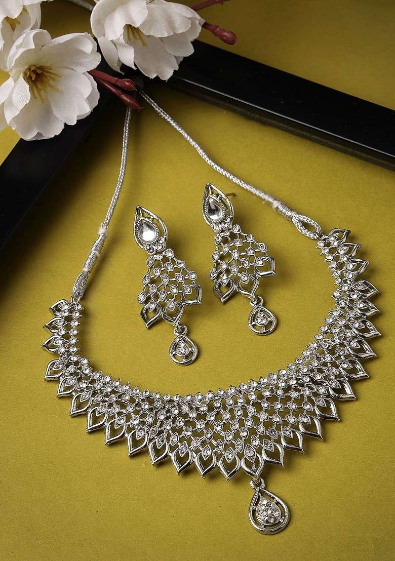Silver Beaded Silver Plated Necklace Set - Indya
