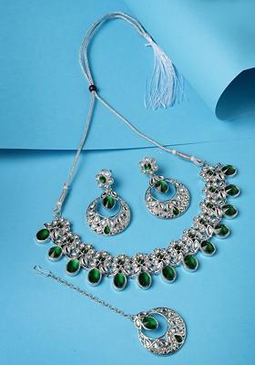 Silver Stone Studded Rhodium Plated Necklace Set