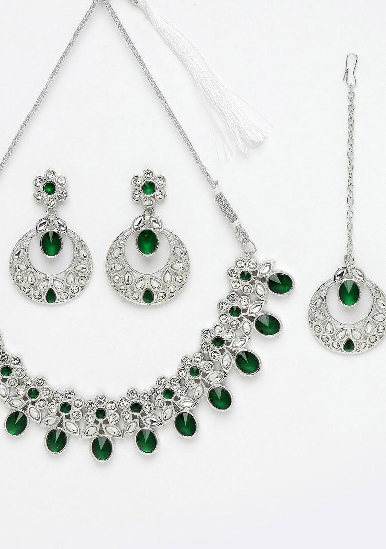 Silver Stone Studded Rhodium Plated Necklace Set
