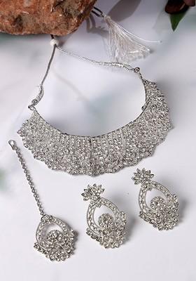 Silver Beaded Rhodium Plated Necklace Set