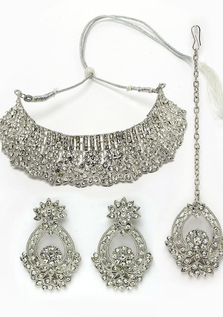 Silver Beaded Rhodium Plated Necklace Set