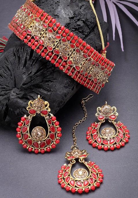 Gold Beaded Gold Plated Necklace Set