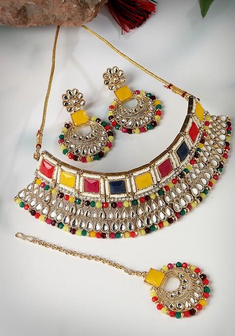 Gold Beaded Gold Plated Necklace Set