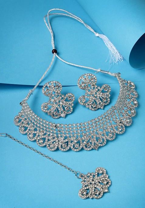 Silver Beaded Rhodium Plated Necklace Set