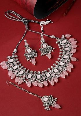 Pink Beaded Rhodium Plated Necklace Set