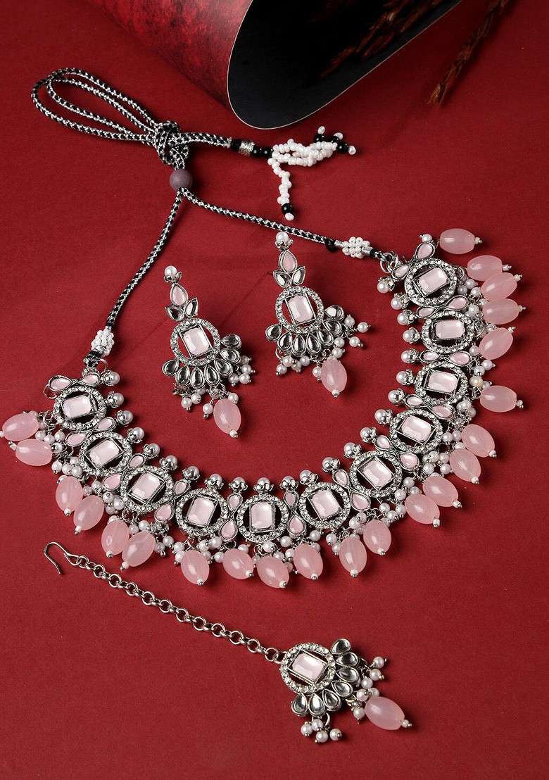 Pink Beaded Rhodium Plated Necklace Set - Indya