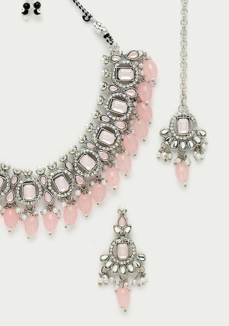 Pink Beaded Rhodium Plated Necklace Set - Indya