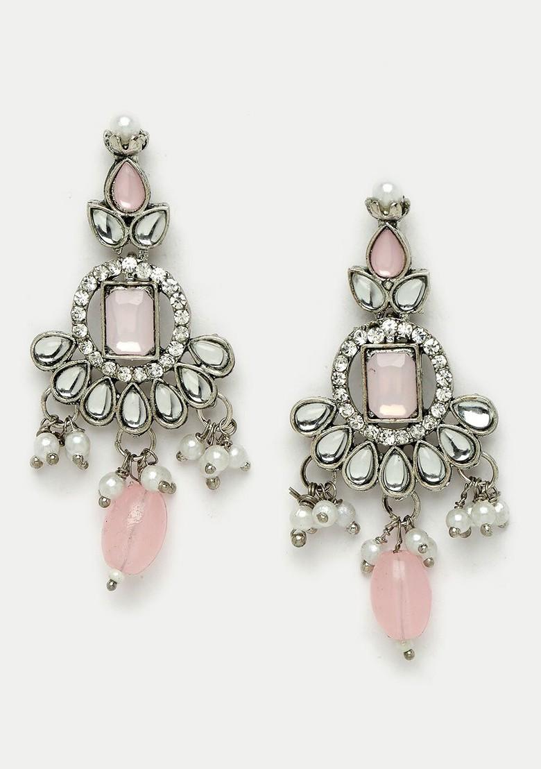 Pink Beaded Rhodium Plated Necklace Set