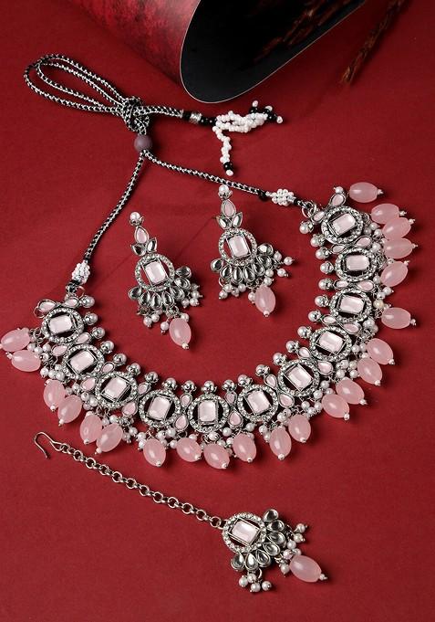 Pink Beaded Rhodium Plated Necklace Set