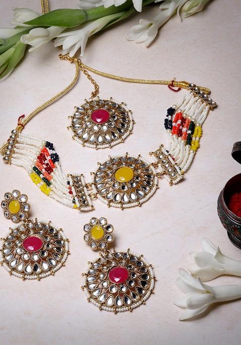 Gold Beaded Gold Plated Necklace Set