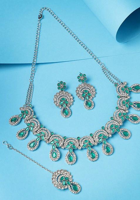 Green Beaded Gold Plated Necklace Set