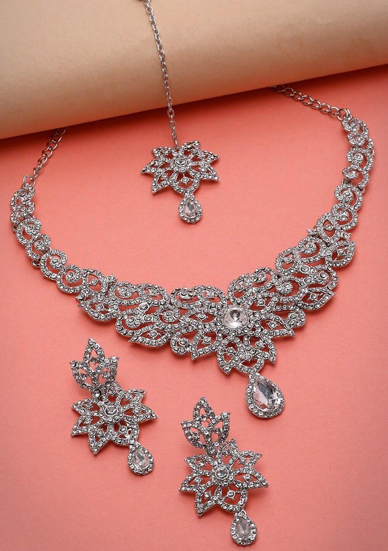 Silver Beaded Rhodium Plated Necklace Set