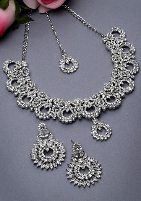 Silver Beaded Rhodium Plated Necklace Set