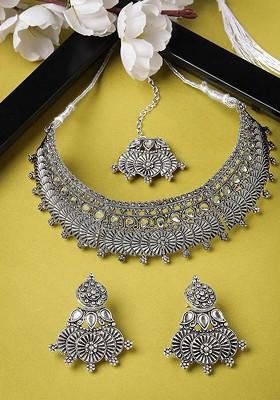 Silver Beaded Silver Plated Necklace Set