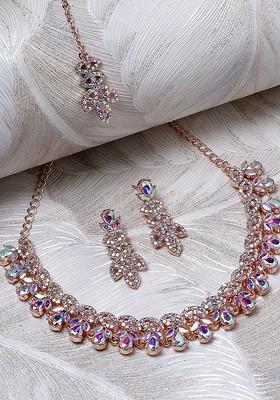 Rose Gold Stone Studded Gold Plated Necklace Set