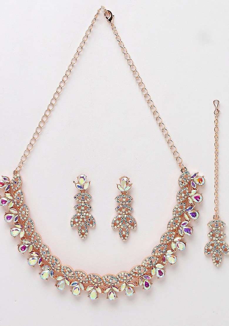 Rose Gold Stone Studded Gold Plated Necklace Set - Indya