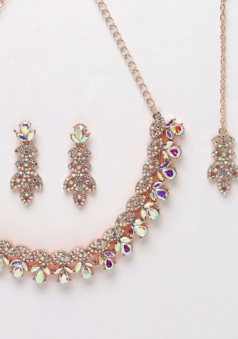 Rose Gold Stone Studded Gold Plated Necklace Set - Indya