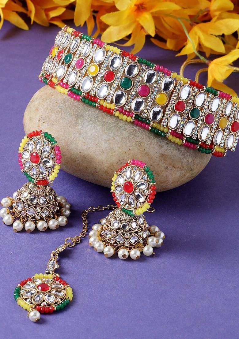 Multi Beaded Gold Plated Necklace Set - Indya