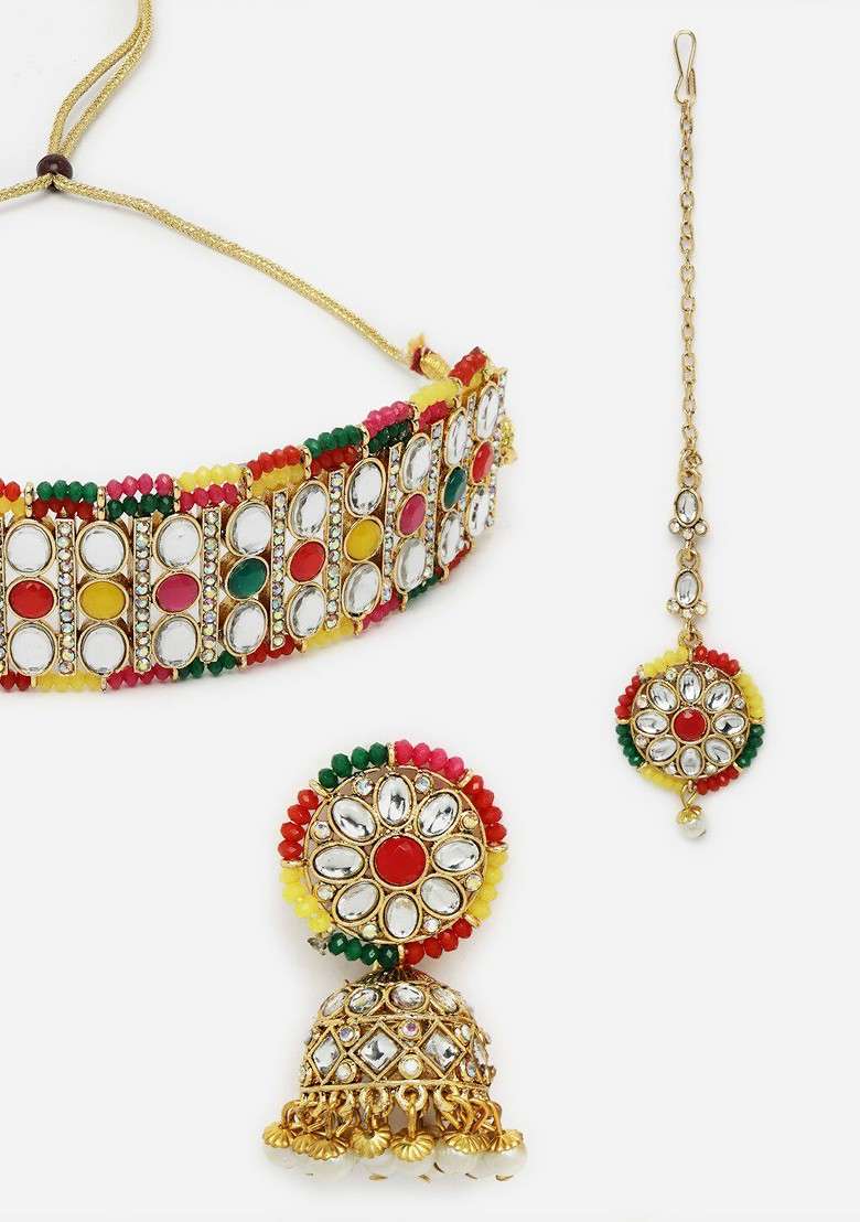 Multi Beaded Gold Plated Necklace Set - Indya