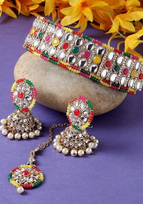 Multi Beaded Gold Plated Necklace Set