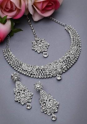 Silver Beaded Rhodium Plated Necklace Set