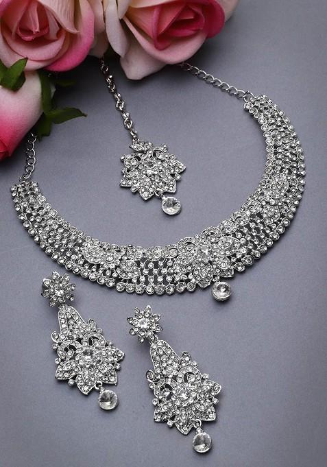 Silver Beaded Rhodium Plated Necklace Set