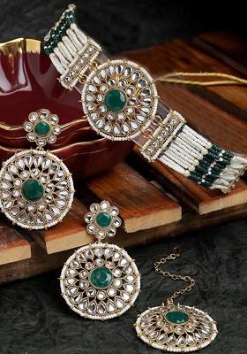 Green Beaded Gold Plated Necklace Set