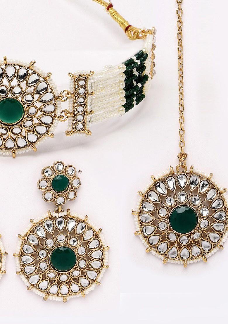 Green Beaded Gold Plated Necklace Set