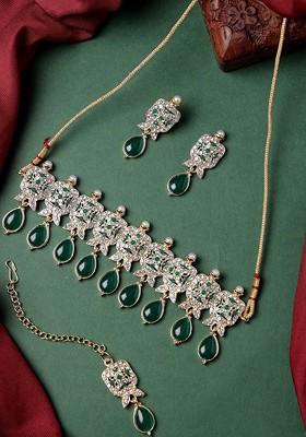 Green Beaded Gold Plated Necklace Set