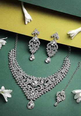 Silver Beaded Rhodium Plated Necklace Set