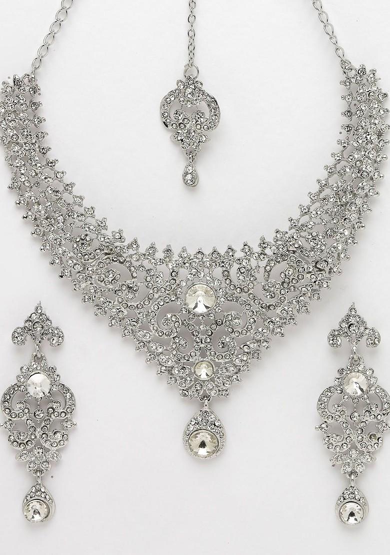 Silver Beaded Rhodium Plated Necklace Set