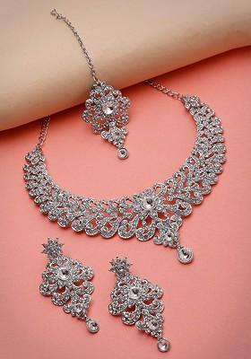 Silver Diamond Studded Rhodium Plated Necklace Set