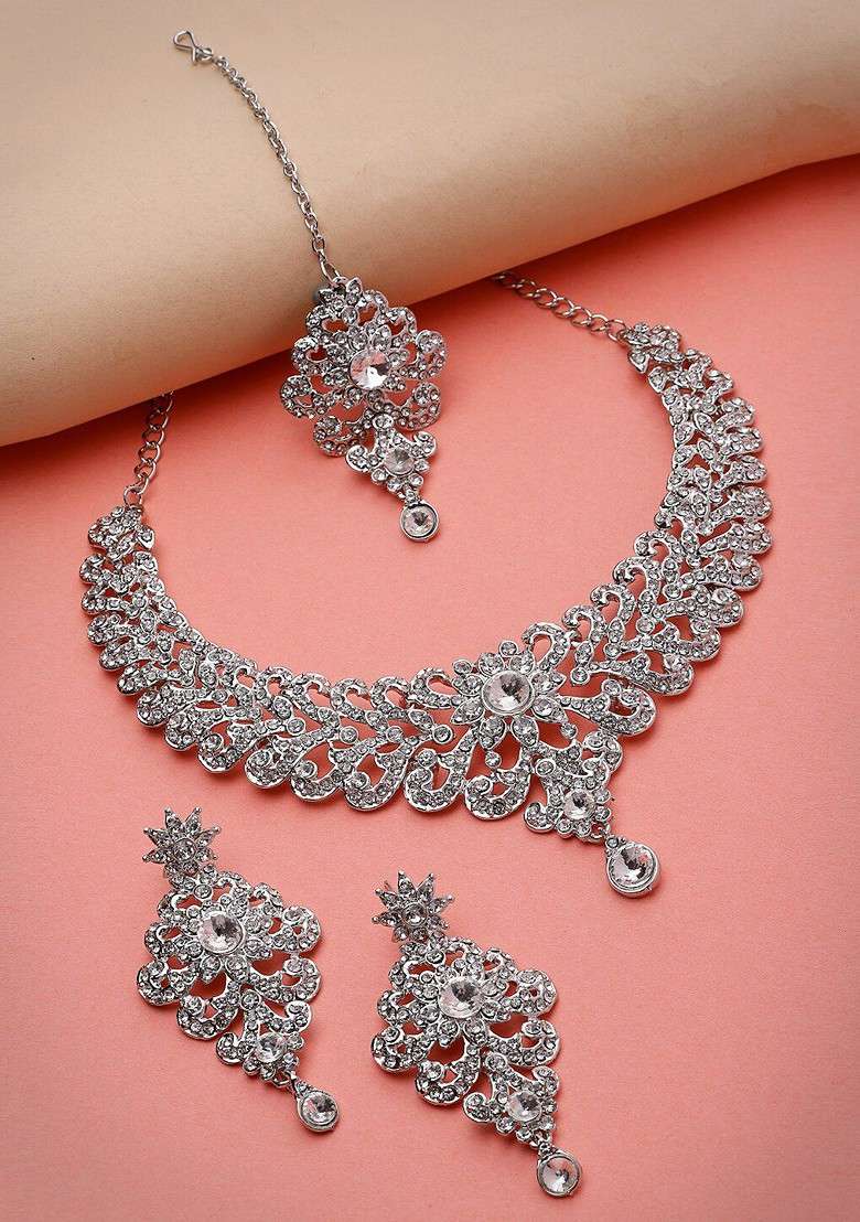 Silver Diamond Studded Rhodium Plated Necklace Set - Indya