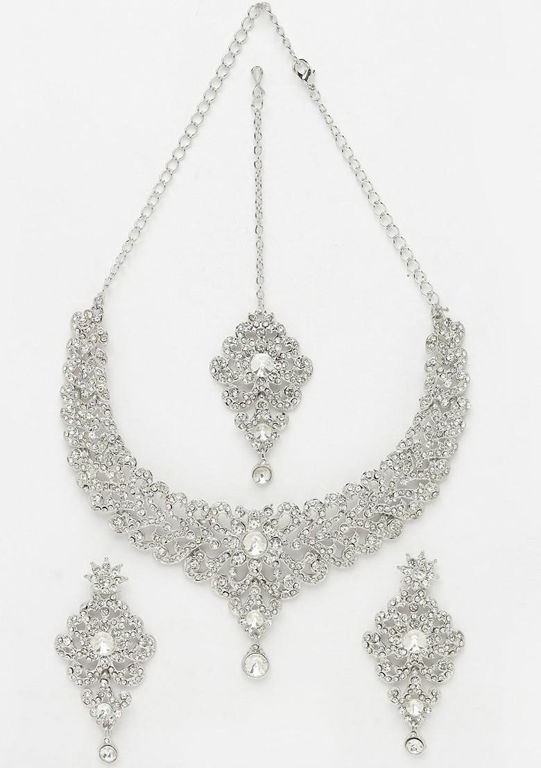 Silver Diamond Studded Rhodium Plated Necklace Set